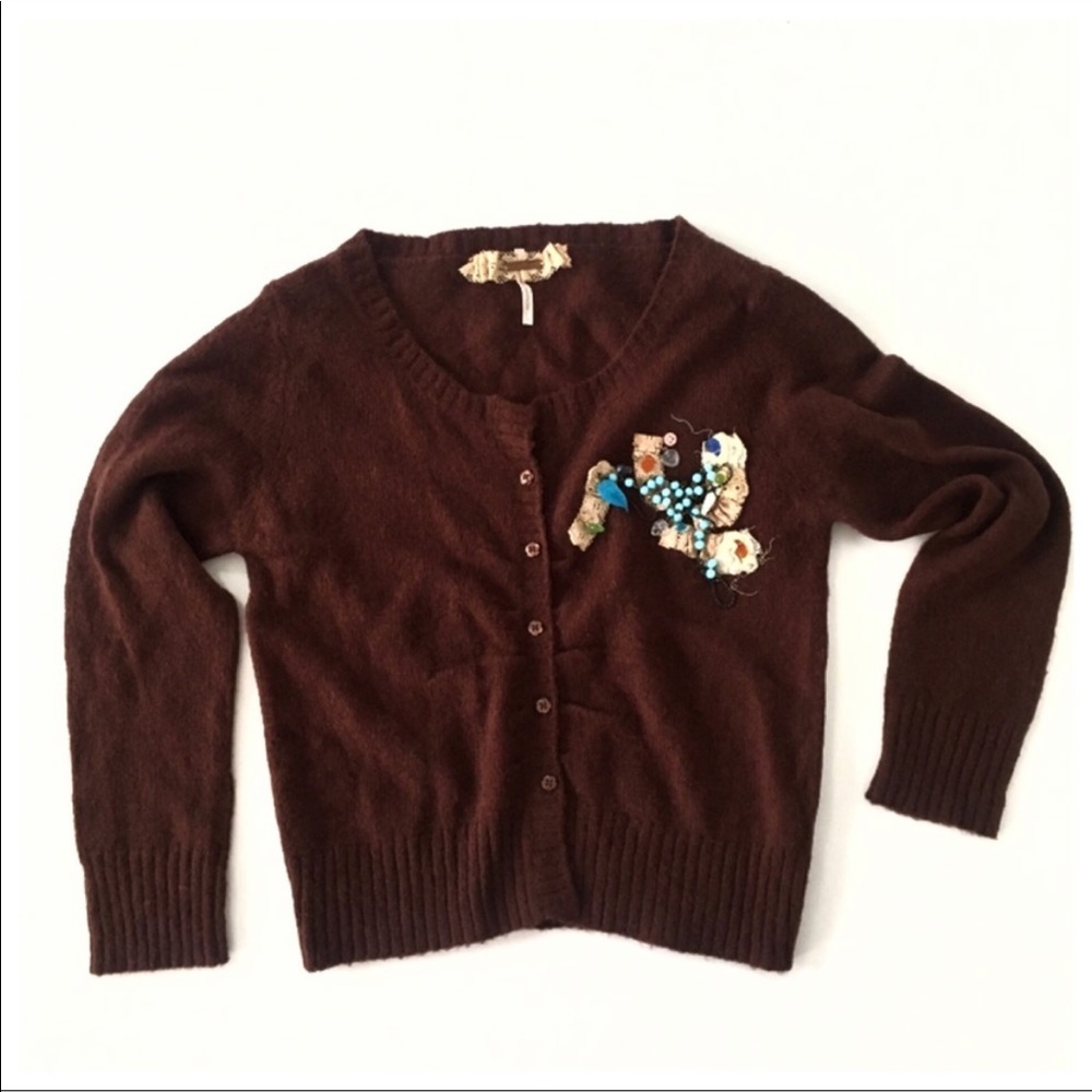 Free People Cropped Embellished Cardigan Wool S - Picture 2 of 8